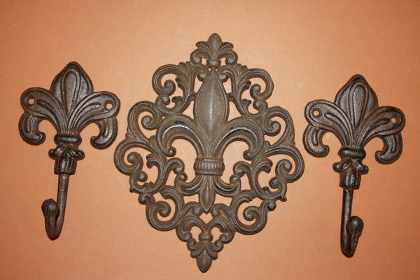 3)pcs, Vintage-look cast iron Fleur de Lis wall hook combo, 9 1/2&quot; free shipping, Fleur De Lis plaque, French Quarter, F-10, F-12